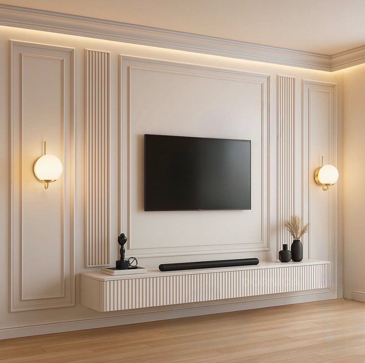 Recessed TV wall with white decorative molding, fluted panels, and a floating ribbed console.