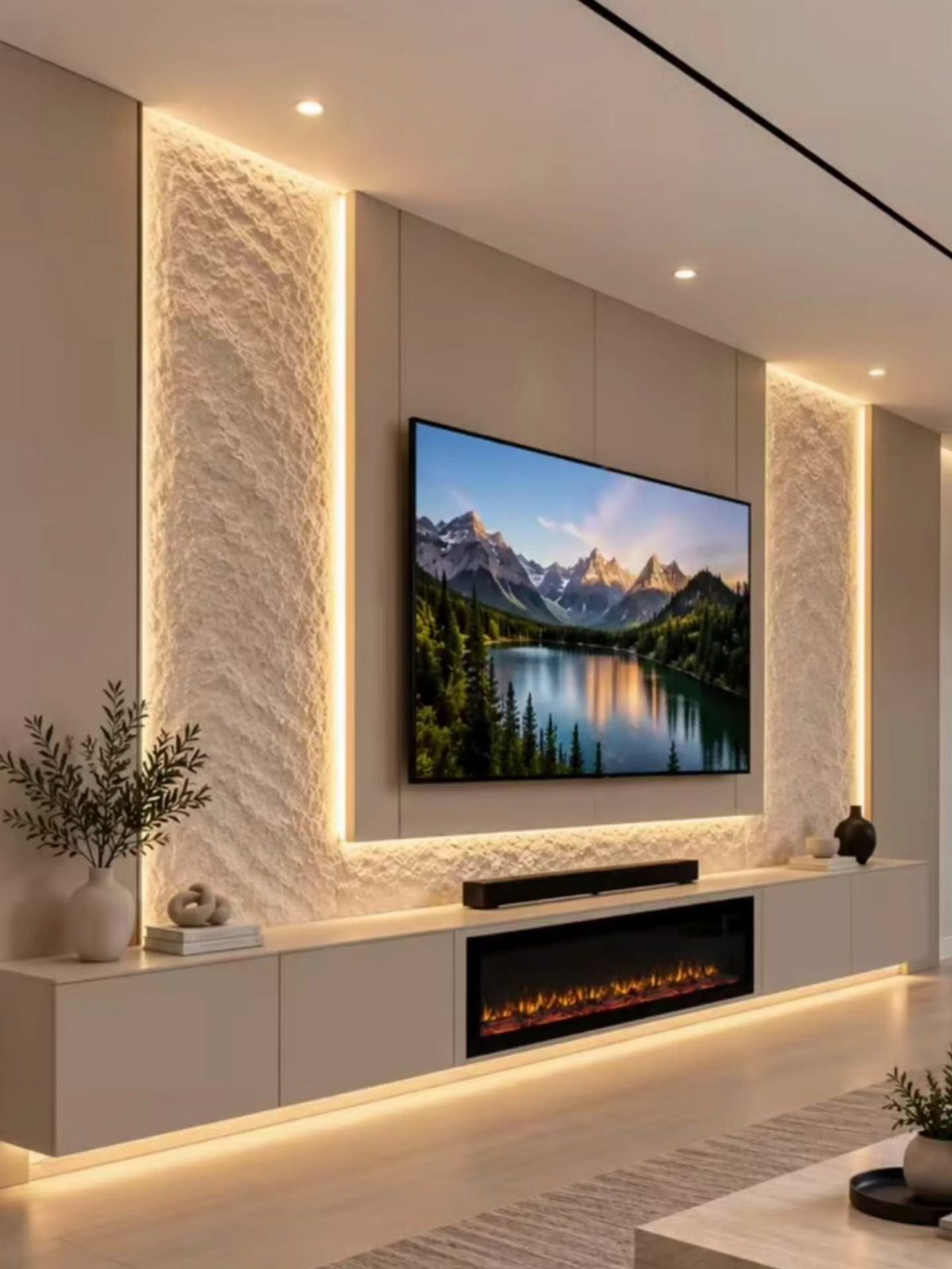 Recessed TV on a beige wall with backlit textured stone panels and linear fireplace.