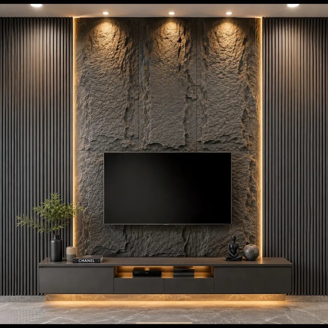 Flat-screen TV mounted on a textured dark grey stone slab wall with warm lighting.