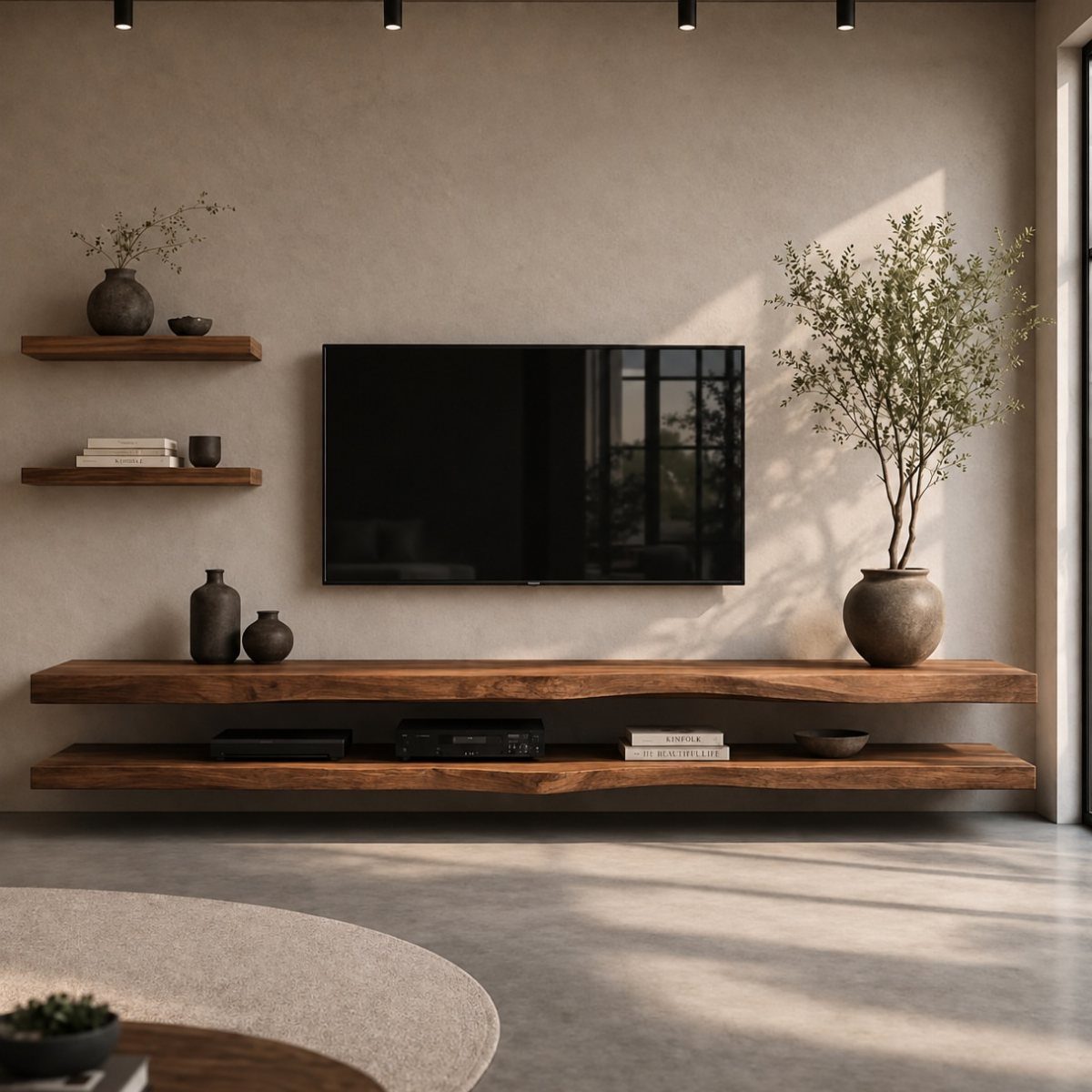 Wall-mounted TV above a long live-edge wooden floating shelf in a minimalist room