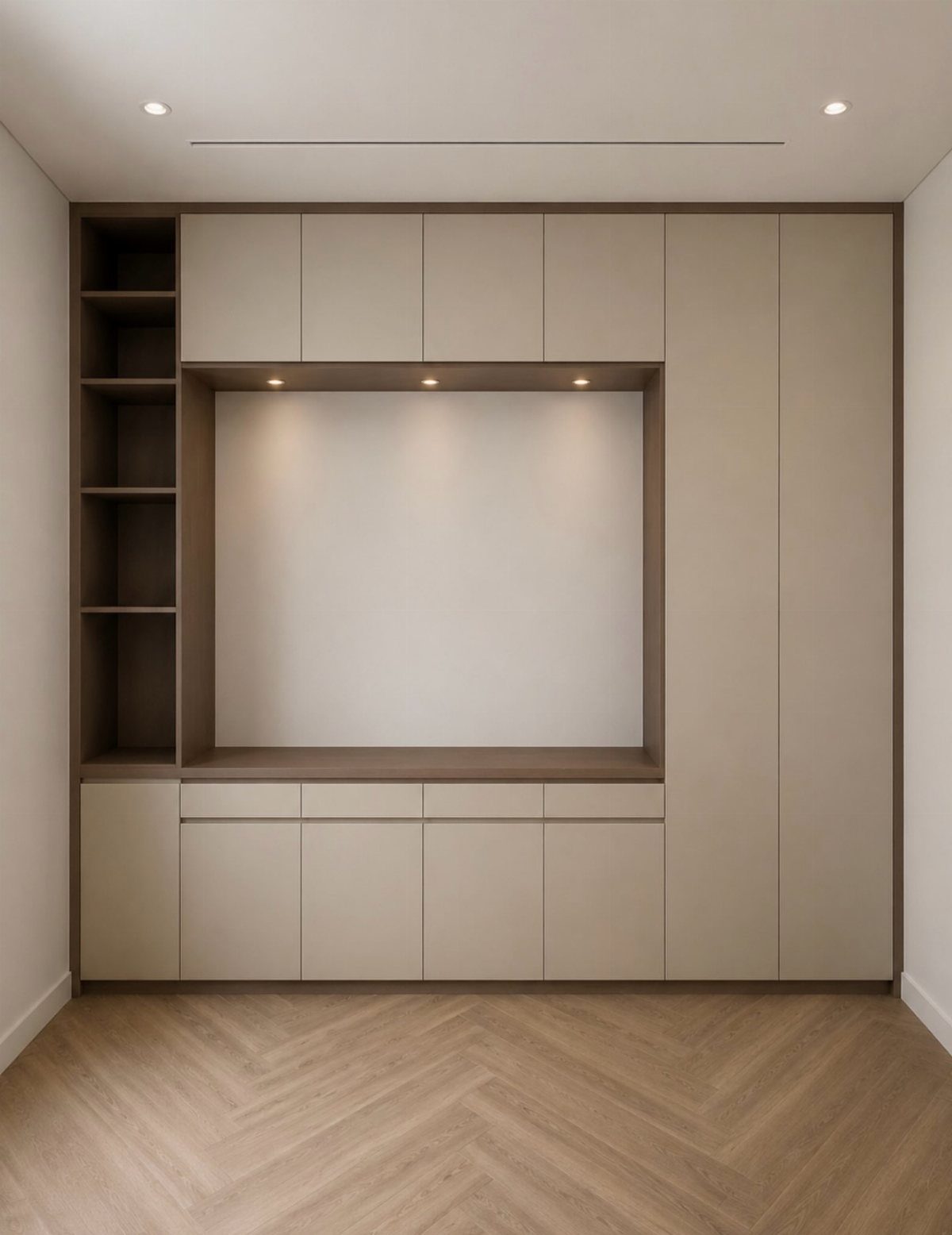 Beige built-in media wall with a rectangular recessed niche and herringbone wood flooring.