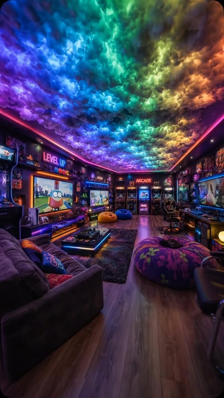 Gaming room with rainbow cloud ceiling, arcade machines, and neon lighting.