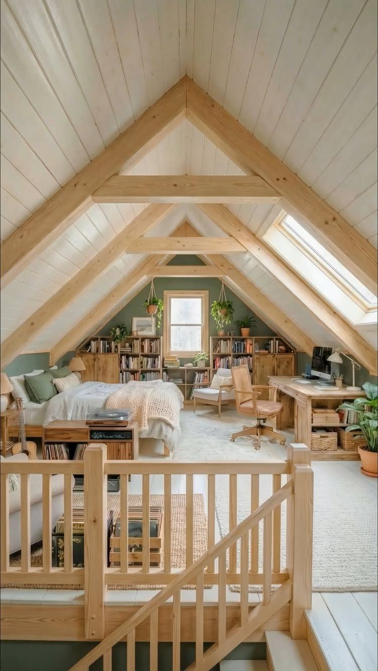 Bright attic bedroom with white sloped ceilings, exposed wooden beams, and a cozy bed.