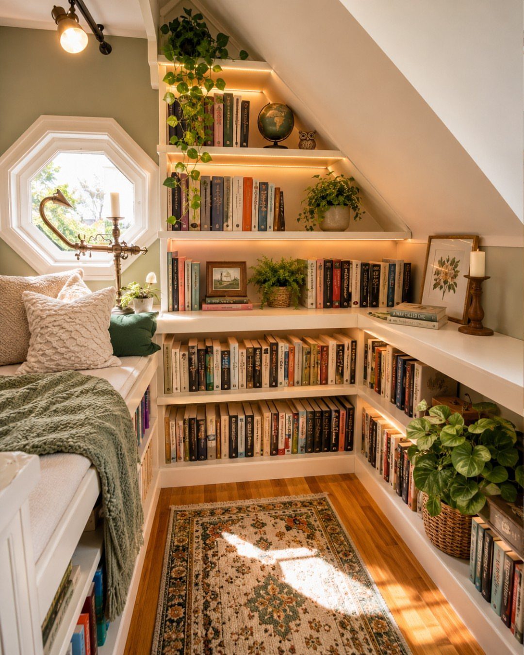 Cozy attic reading nook with built-in bookshelves, window seat, and patterned area rug.
