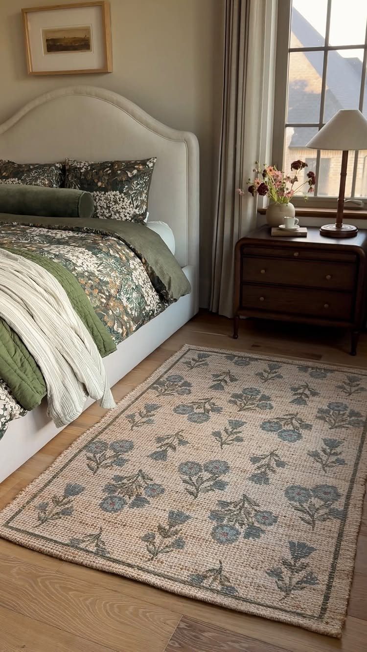 Woven rug with blue floral patterns on a light wood bedroom floor.