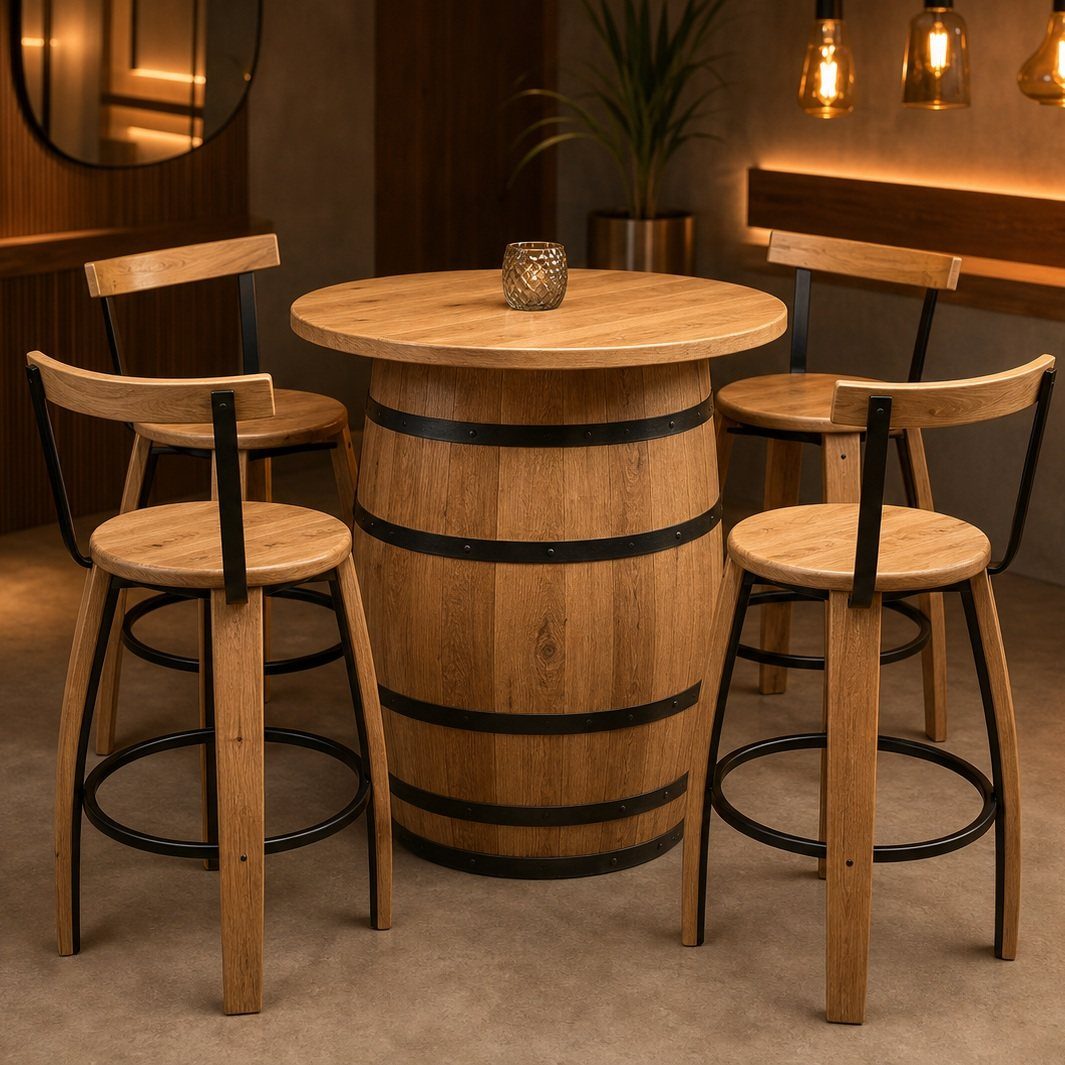 18 Small Bars for Home That Fit Any Space 5 Wine barrel table with four matching wooden bar stools in a warm interior.