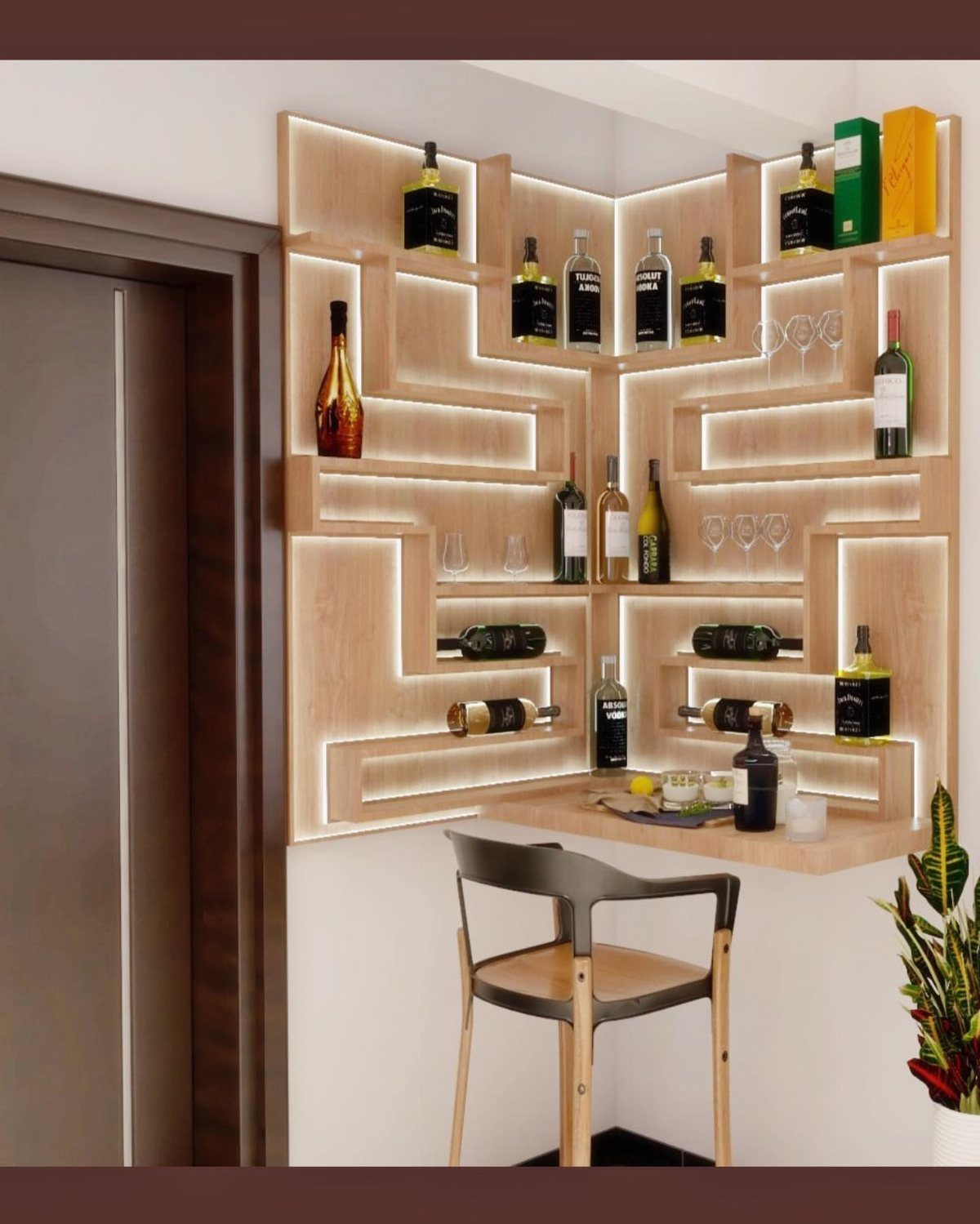 18 Small Bars for Home That Fit Any Space 1 Light wood corner home bar with geometric LED shelves and a small countertop.