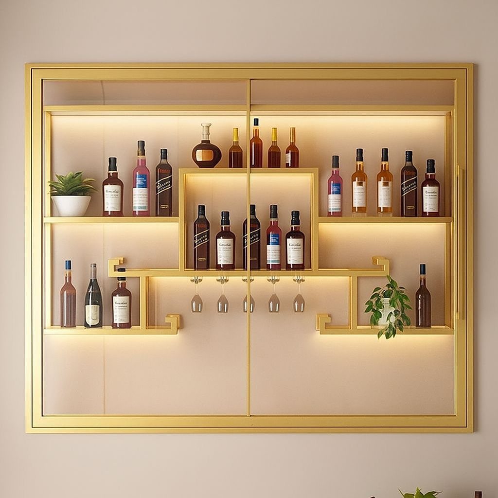 18 Small Bars for Home That Fit Any Space 15 Gold wall-mounted home bar cabinet with backlit shelves, liquor bottles, and hanging glassware.