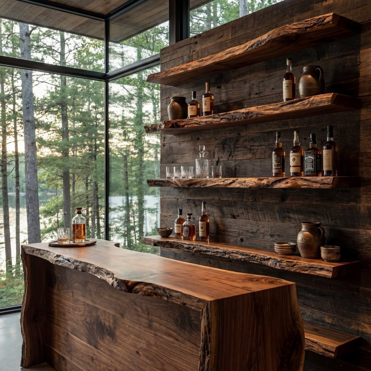 18 Small Bars for Home That Fit Any Space 13 Live-edge dark wood home bar with floating shelves and forest lake view background