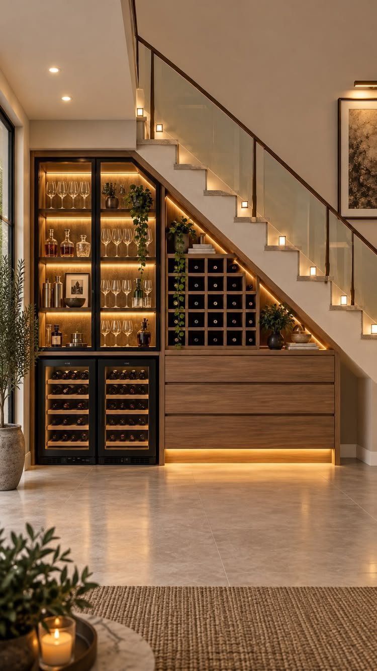 18 Small Bars for Home That Fit Any Space 14 Built-in home bar under a staircase with wine coolers and backlit glass cabinets.