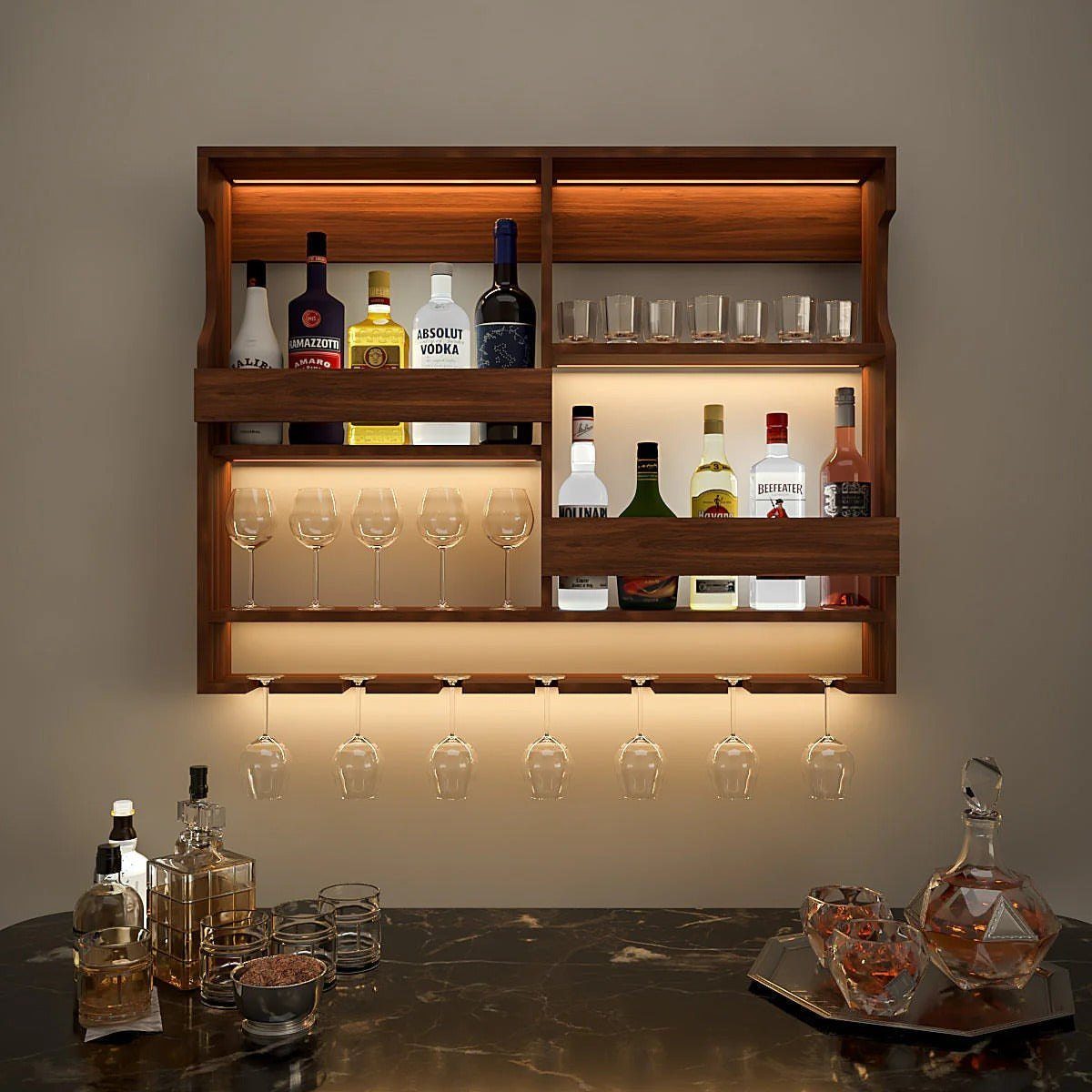 18 Small Bars for Home That Fit Any Space 9 Wall-mounted wooden bar shelf with integrated lighting, liquor bottles, and hanging wine glasses.