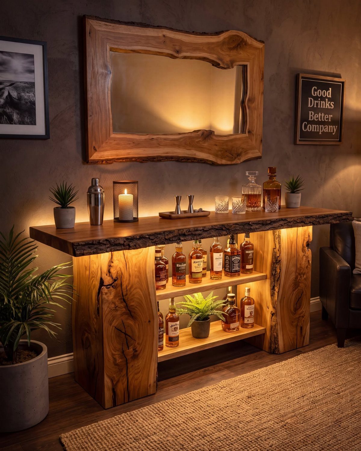 18 Small Bars for Home That Fit Any Space 8 Live-edge walnut wood home bar with warm under-counter lighting and liquor bottles.