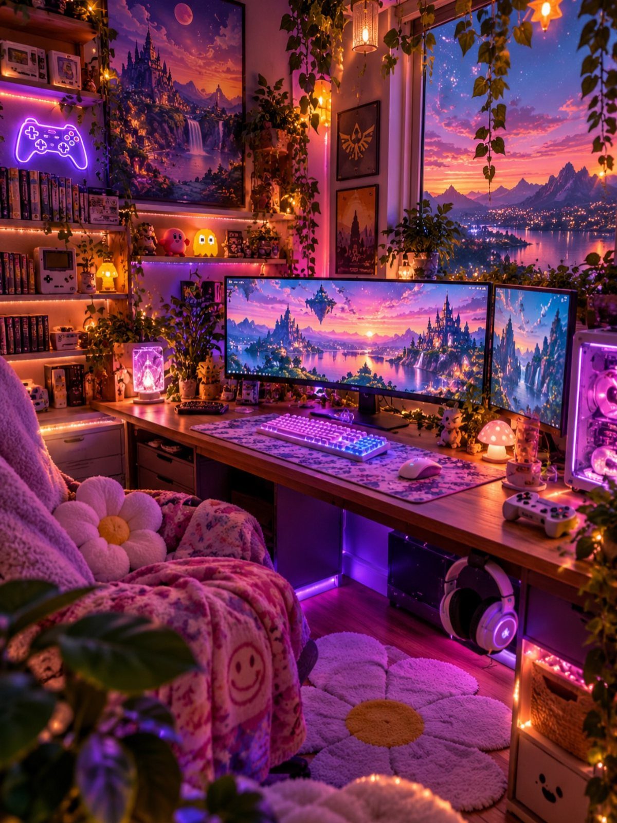 Gaming setup with fantasy art gallery wall, pink lighting, and plush furniture.