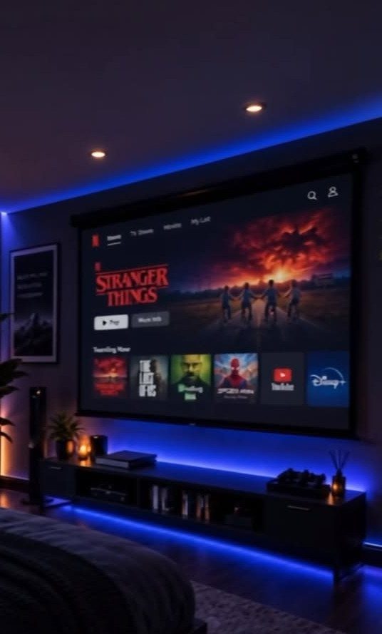 Home cinema room with a large projection screen and blue ambient LED lighting.