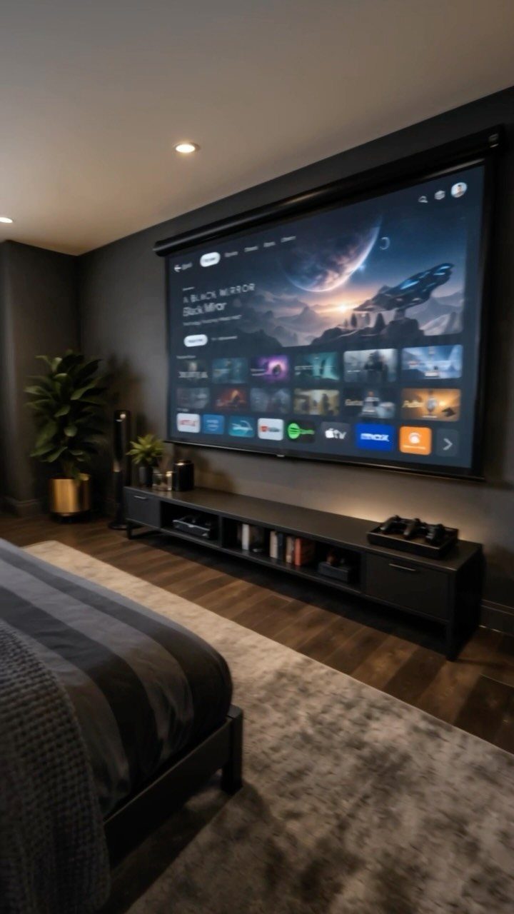 Large projection screen and black media console in a dark grey bedroom cinema setup.