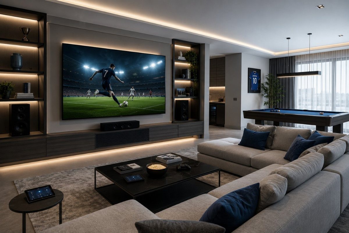 Modern multi-purpose media room with a large screen, sectional sofa, and pool table.