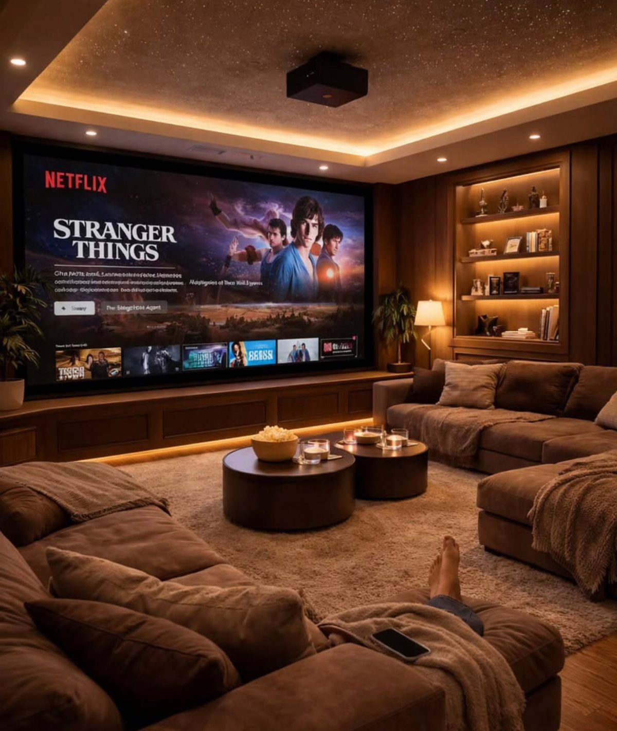 Home cinema room with large screen, brown plush sofas, and starry ceiling lighting.