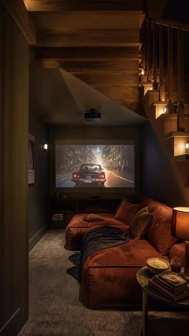 Home cinema setup under a wooden staircase with an orange sectional sofa and projector.