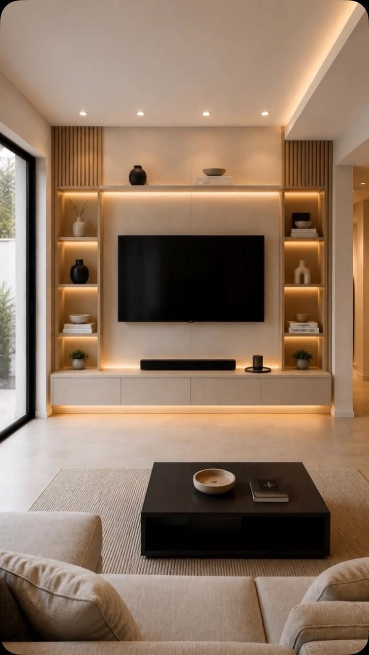 Built-in beige TV wall unit with integrated shelving and warm ambient cove lighting.