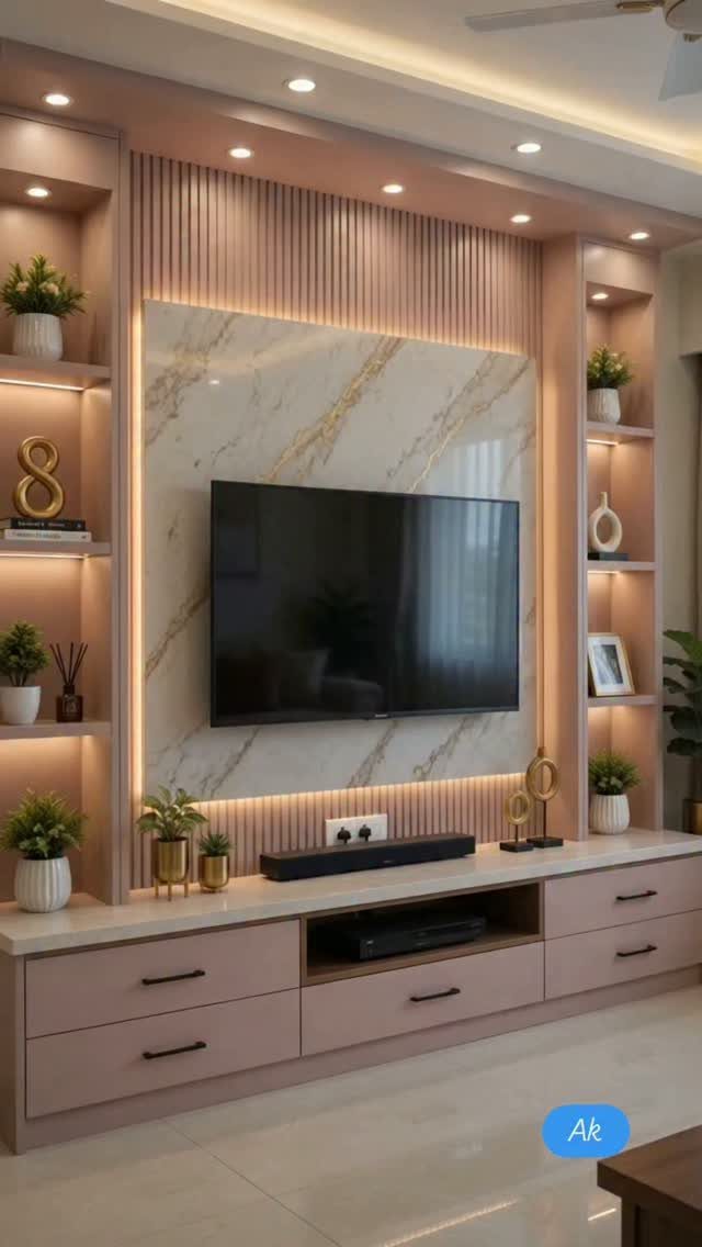Contemporary luxury TV cabinet with marble back panel, integrated lighting, and storage drawers.