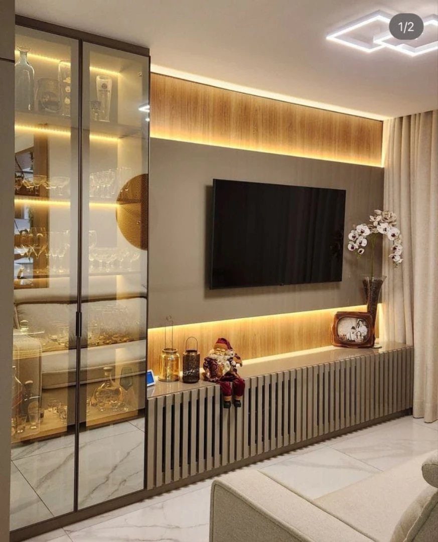 Modern wall TV unit with a glass showcase cabinet and slatted wooden console.