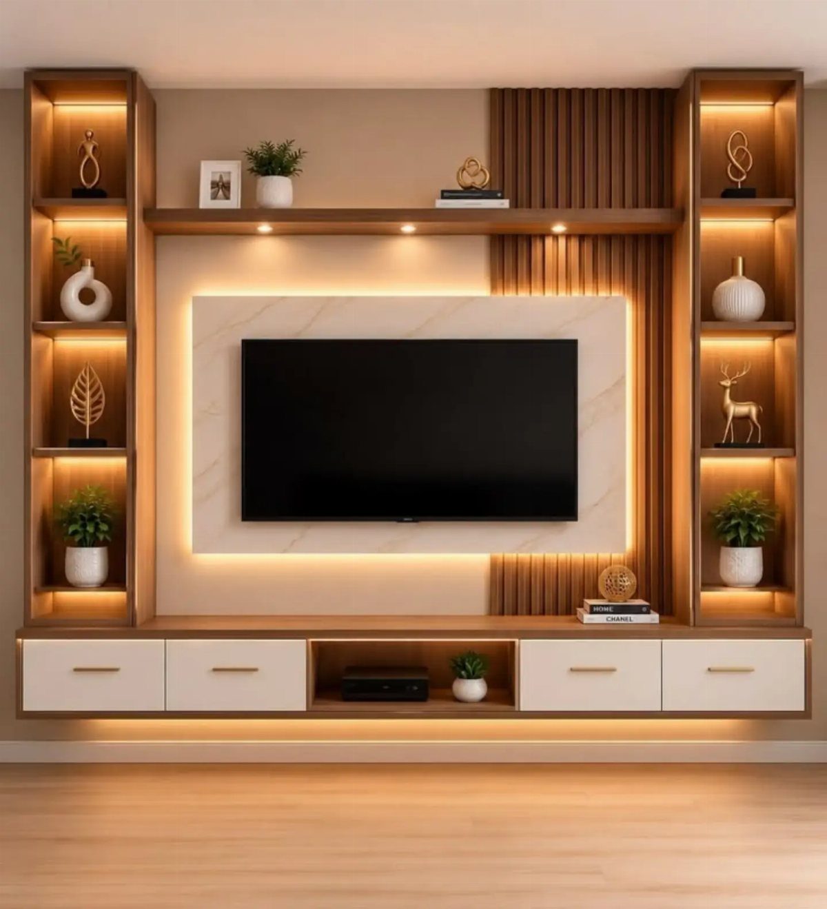 Modern wall TV unit with backlit marble panel and modular wooden shelving units.