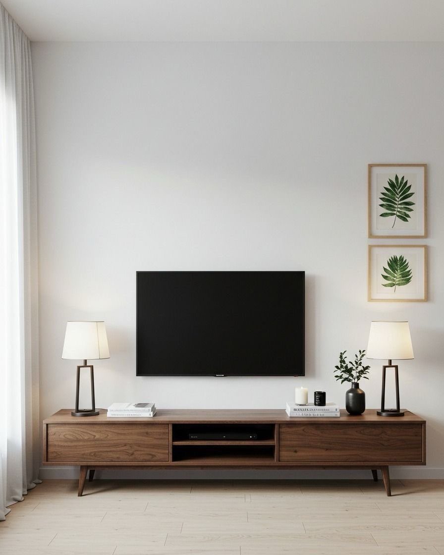 Wooden minimalist TV stand with a flat-screen television and two white lamps.