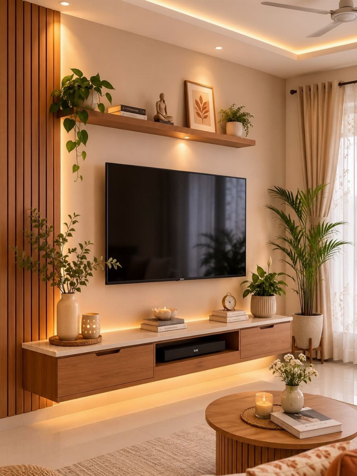 Wall-mounted TV with floating wooden storage cabinet and shelf decorated with green plants.