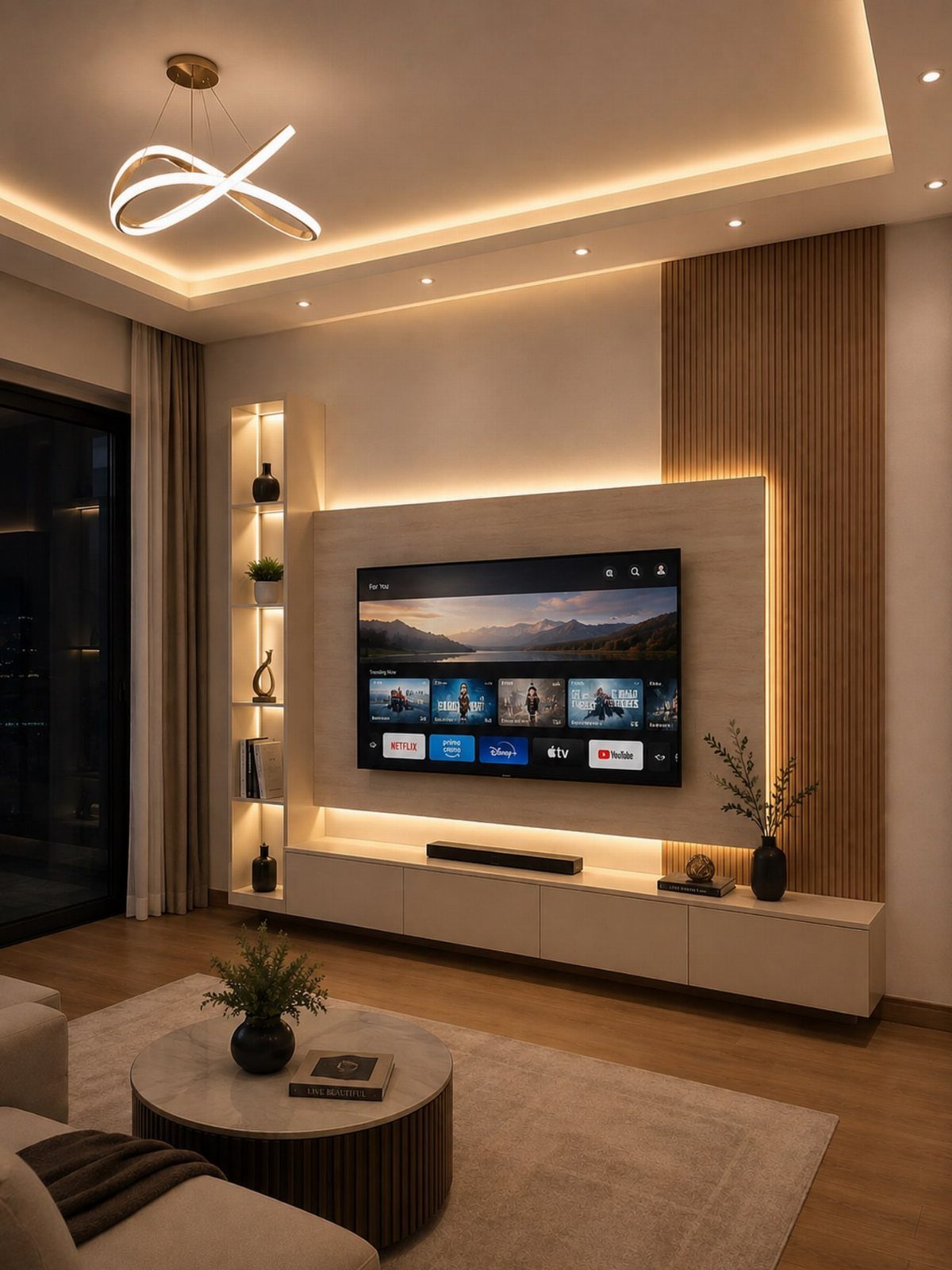 Modern TV unit with warm ambient cove lighting and a wooden slat wall.
