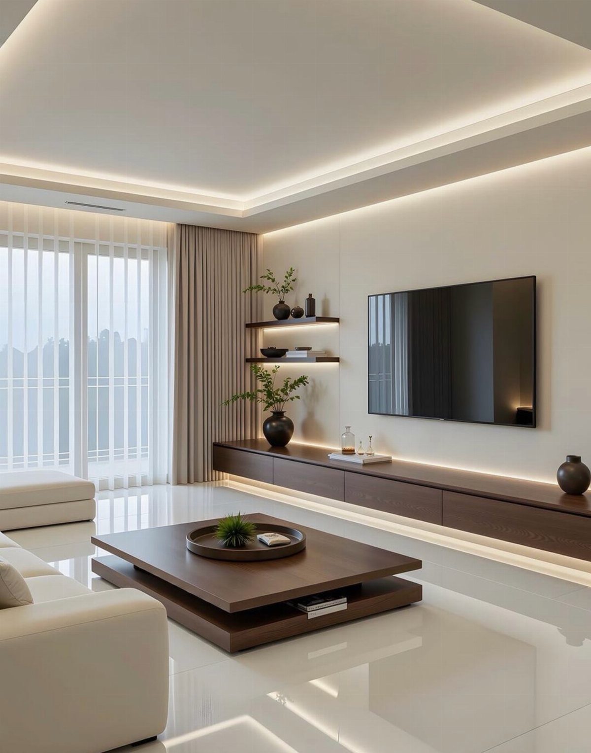 Wall-mounted TV above a floating dark wood console with warm ambient cove lighting