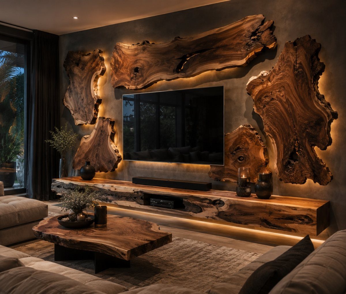 Wall-mounted television surrounded by backlit organic live-edge wood panels in a modern living room.