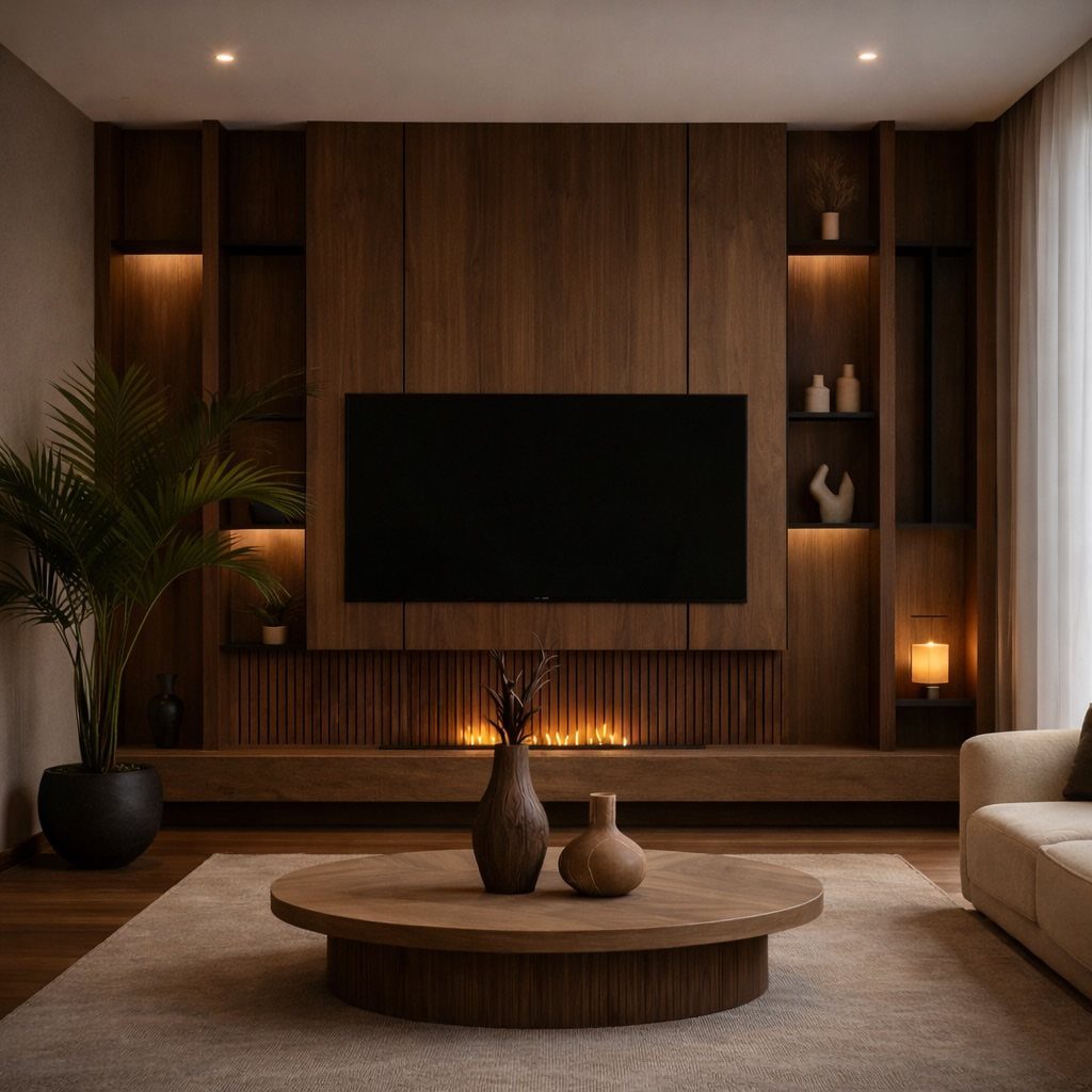 Flat-screen TV mounted on a dark brown wood panel wall with built-in shelving.