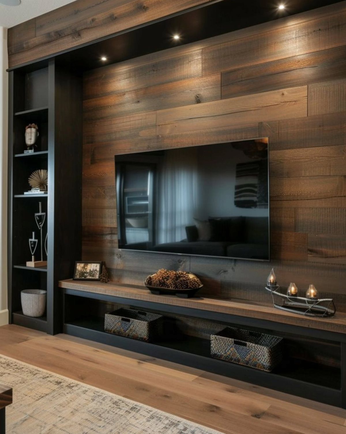 Flat-screen television mounted on a rustic brown wood paneled wall with a floating shelf.
