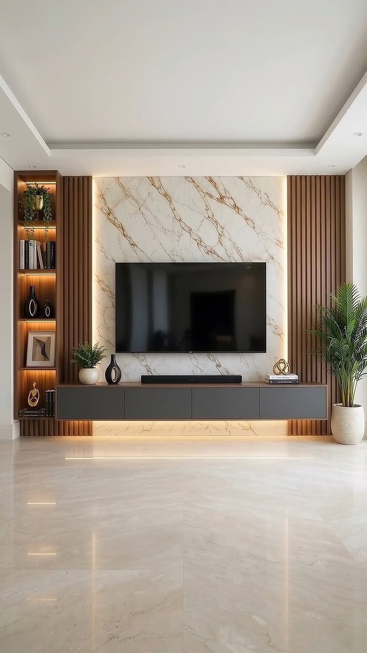 Flat-screen TV mounted on marble wall with vertical wood slat panels and floating console.
