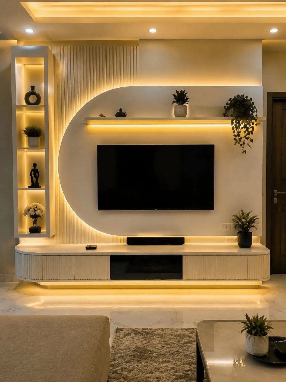 Wall-mounted TV with white vertical wood paneling and warm integrated LED backlight illumination