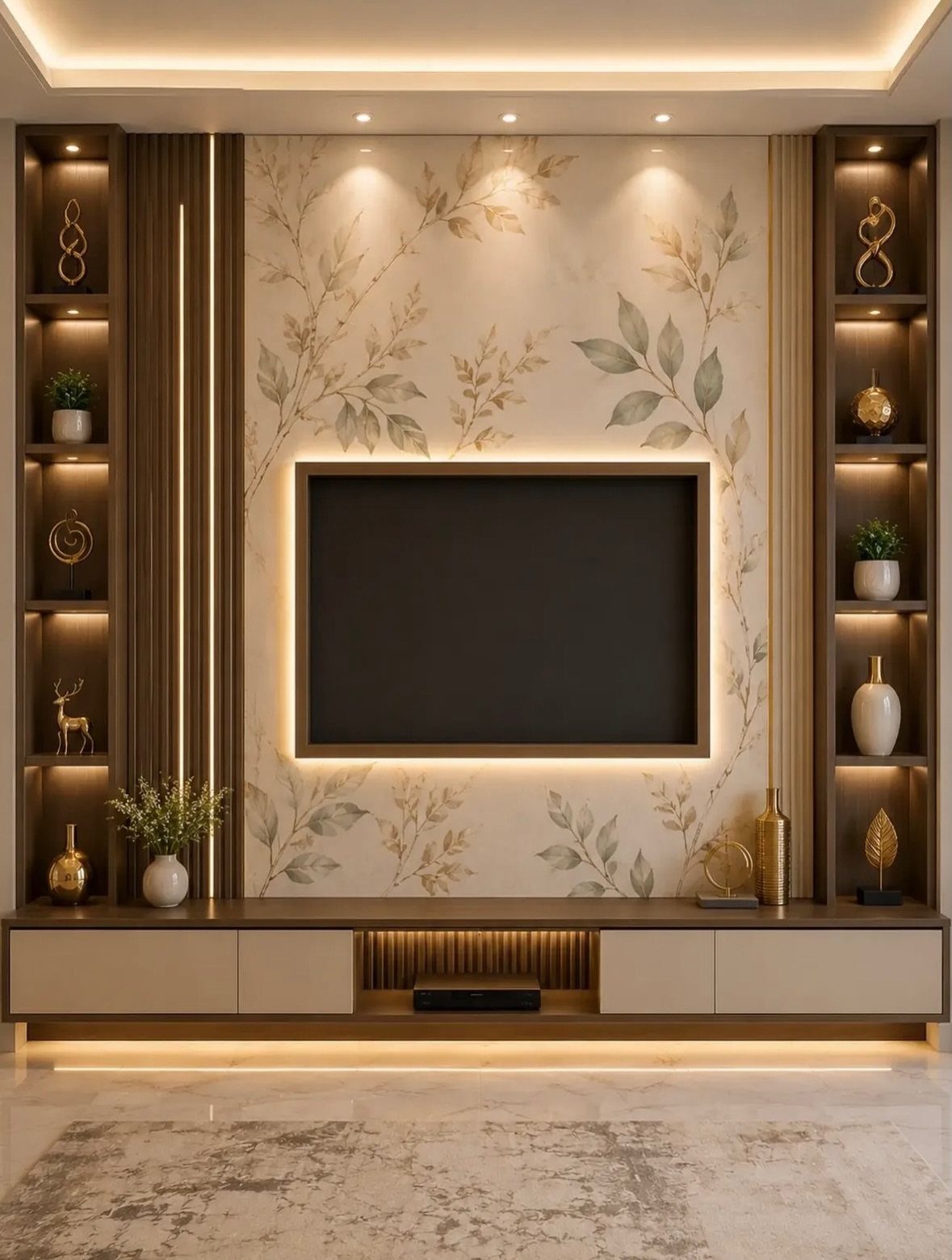 Flat-screen TV mounted on a floral wall with vertical wood paneling and shelving