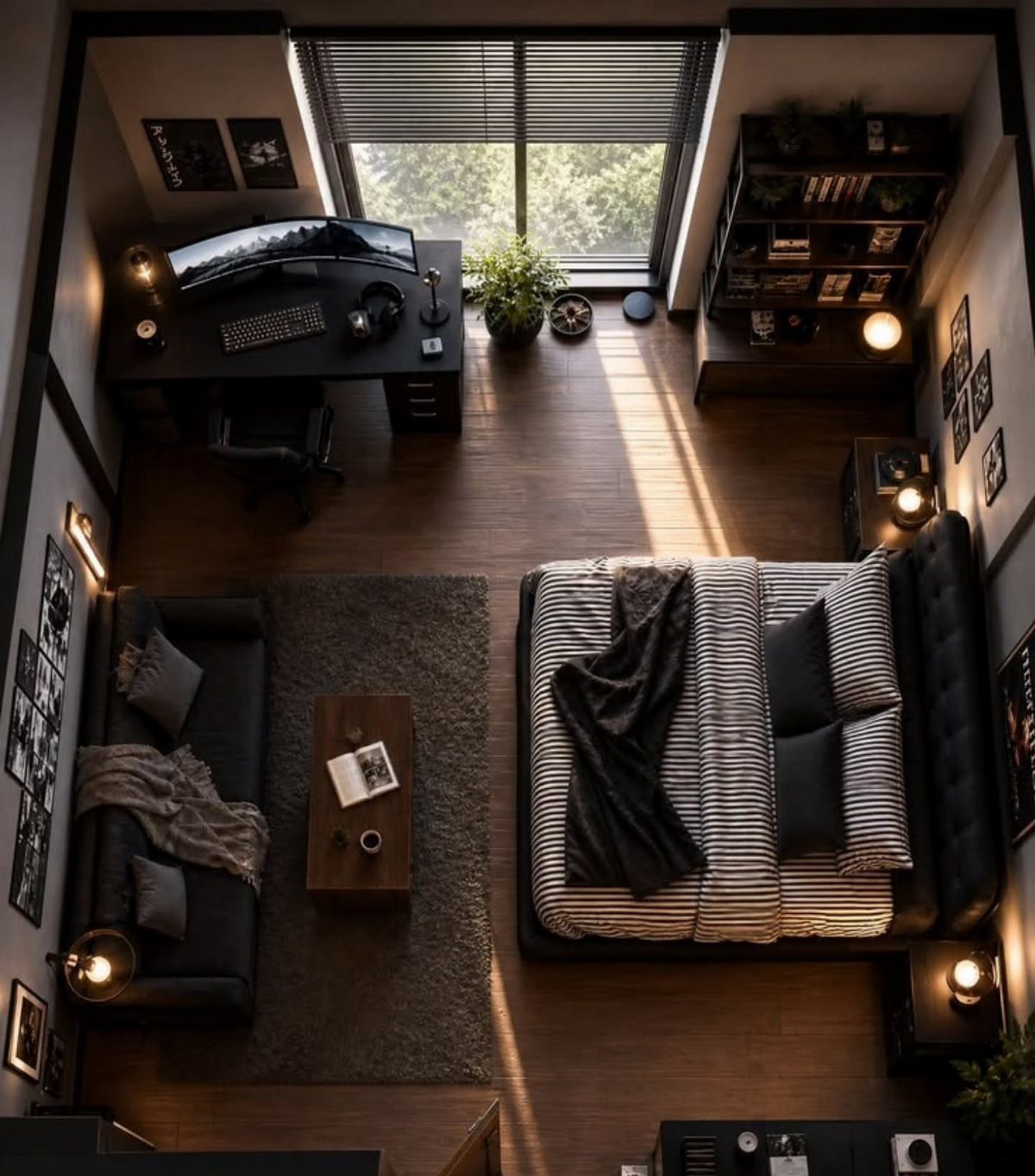Dark bedroom and office setup with a black desk and striped bed