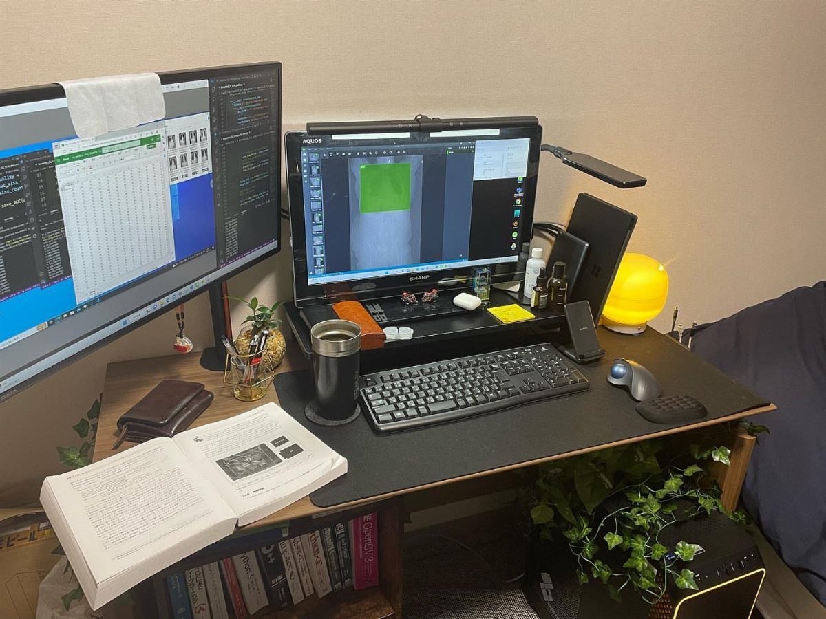 Black computer desk with dual monitors, yellow lamp, and plants in a bedroom.