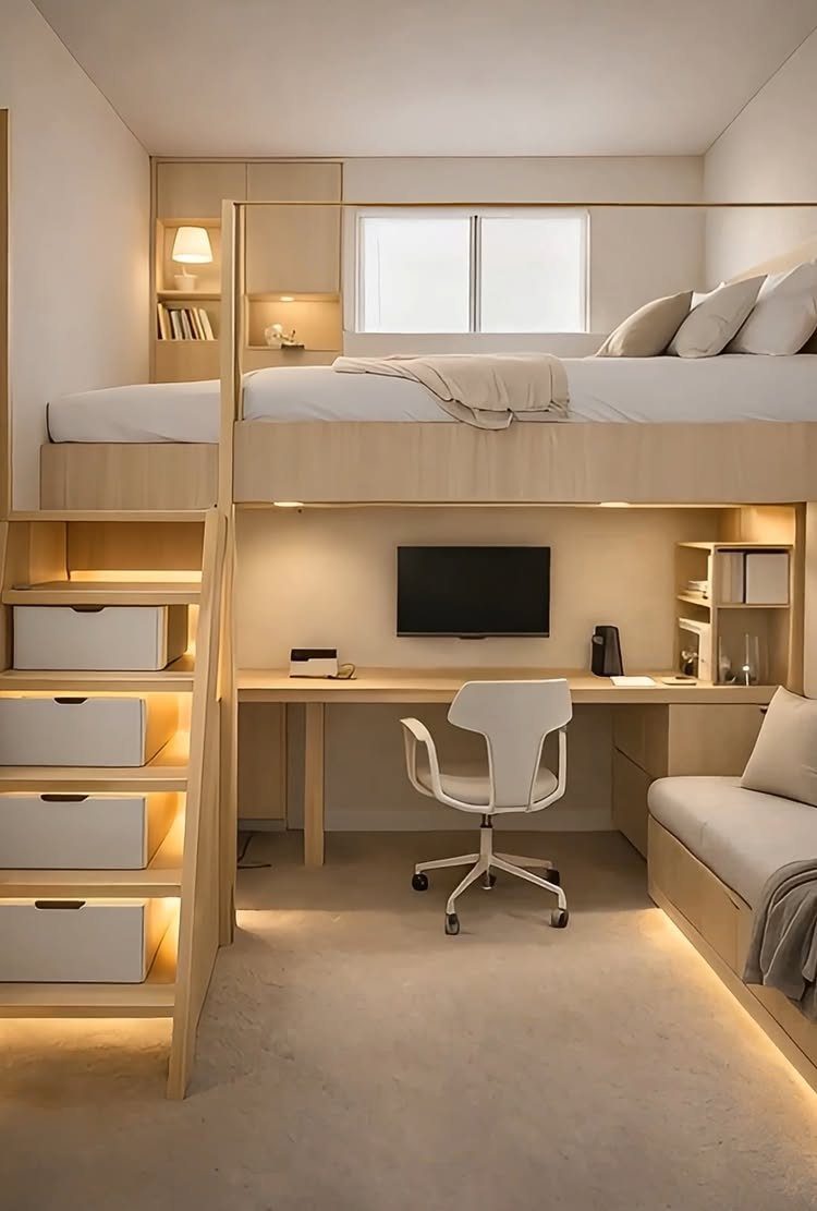 Wooden loft bed with a built-in working desk and white office chair underneath.